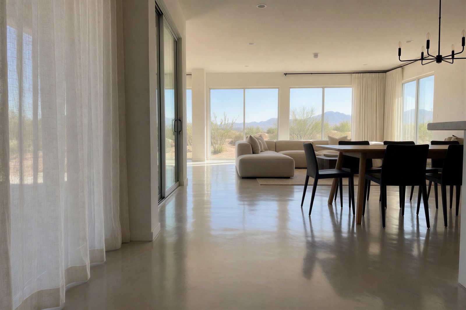 Epoxy floor in a dining room with desert views