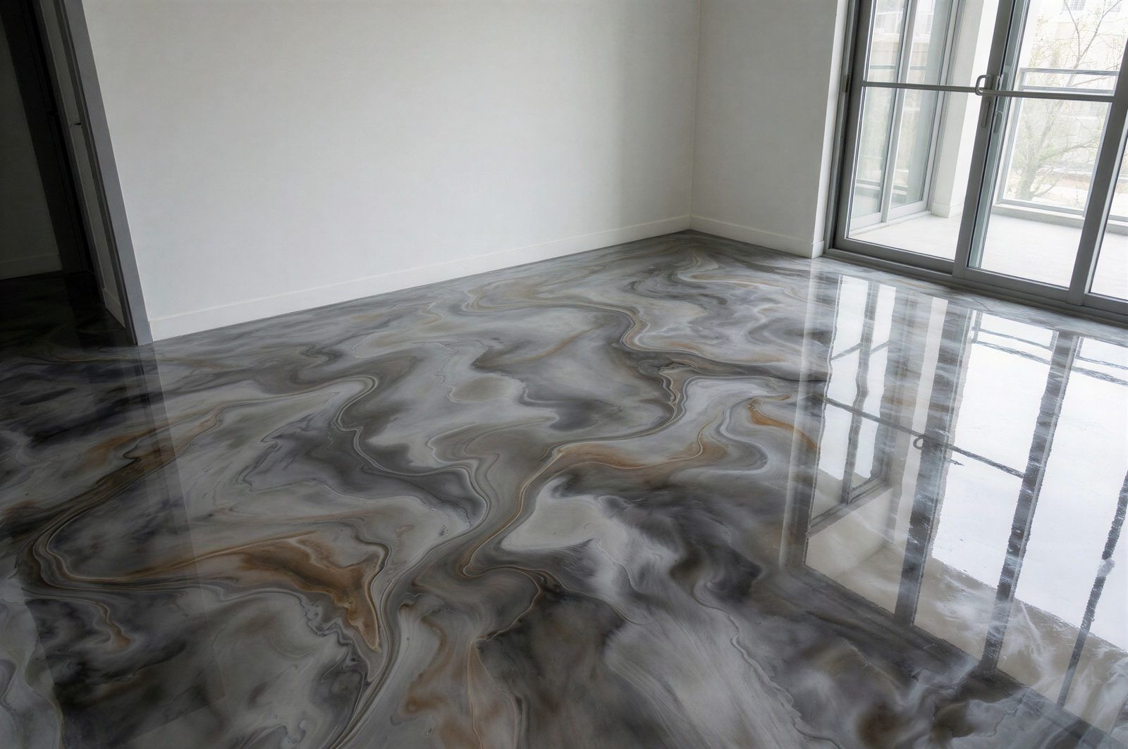 Swirling grey metallic epoxy floor