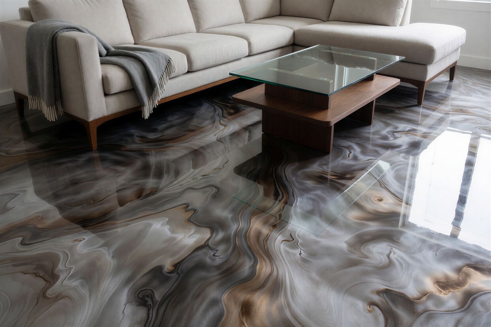 Metallic epoxy floor in a lounge with a glass coffee table